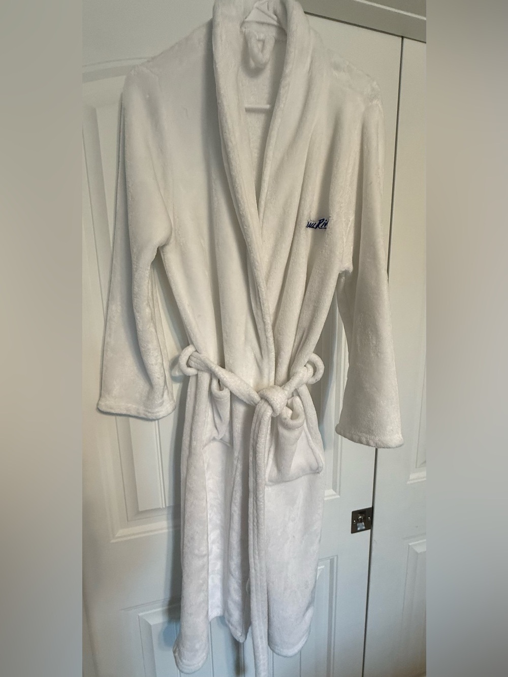 White Plush Bath Robe - Embroidered “Beau Rivage”.  One Size